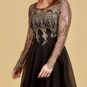 Altar'd State Gold Embroidered Long Sleeve Illusion Swing Dress